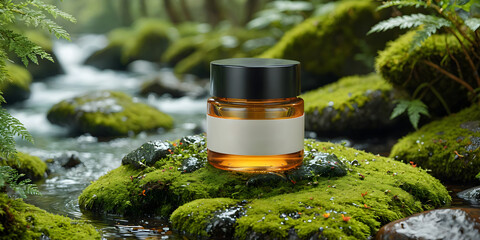 A bottle of serum sitting on a moss covered rock in a stream.