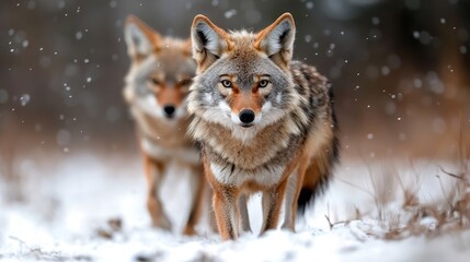 Fototapeta premium Coyotes in snowy woods, winter wildlife