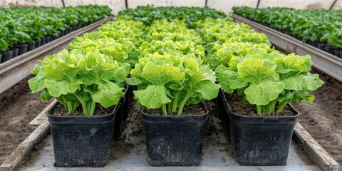 Vibrant green lettuce plants growing in black pots.