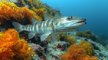 Striped fish swims near orange coral reef. Underwater wildlife photography for marine biology publications