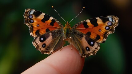 Obraz premium Butterfly landing finger, garden, nature, bokeh, wildlife photography