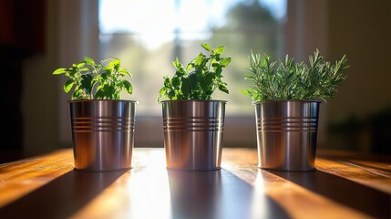 Sunlit kitchen herbs in metal tins