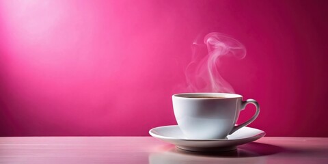 Fototapeta premium A steaming cup of coffee on a light wooden table against a bright pink background.