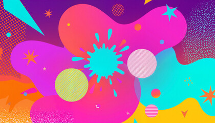 Bold and playful color splash with exaggerated geometric patterns in bright shades of purple, blue, and orange on a gradient background transitioning from dark purple to light yellow