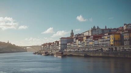 Obraz premium Scenic riverside view of colorful buildings and a bridge under a clear sky.