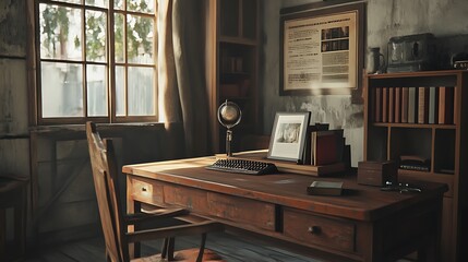 A rustic office space featuring a wooden desk, globe, and framed picture by a window.