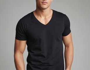 Fototapeta premium Handsome young male model in a black v-neck t-shirt against a neutral background.