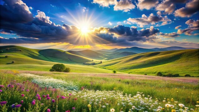 A picturesque meadow with vibrant wildflowers and rolling hills bathed in the golden light of a setting sun, creating a breathtaking landscape.