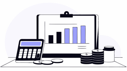 Obraz premium A calculator, coins, and a bar chart on a clipboard are depicted, suggesting themes of finance and accounting.Arrangement conveys an organized desk setup with elements related to money management.AI