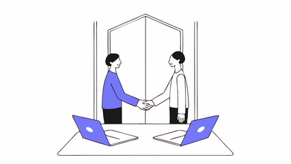 Two individuals are shaking hands in front of an open door, symbolizing a successful agreement or meeting. Two laptops sit on a table in the foreground, suggesting a business or digital context.AI