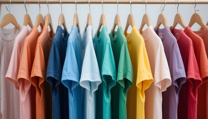 Fototapeta premium Colorful plain t-shirts hanging on hangers inside a clothing store showroom