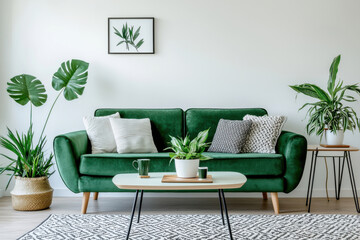 A cozy green sofa with plants and tasteful decor in a bright living room.