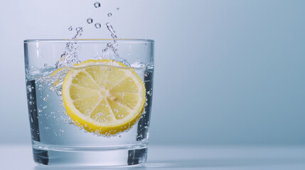 A fresh slice of lemon splashes into sparkling water, creating an invigorating drink scene.