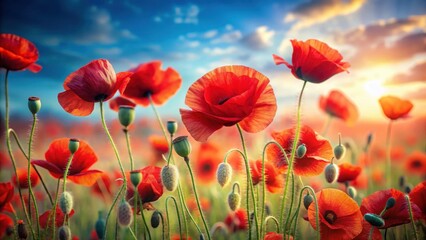 Obraz premium A field of vibrant red poppies swaying gently in the wind, with delicate petals and intricate details