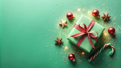 Naklejka premium A Green Gift Box With Red Ribbon And Festive Decorations Surrounded By Sparkling Glitter On A Green Background