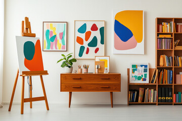 A vibrant art studio with colorful paintings, an easel, and stylish furniture.