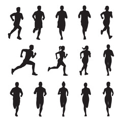 Man and woman runner silhouettes set, large pack of vector silhouette design, isolated white background