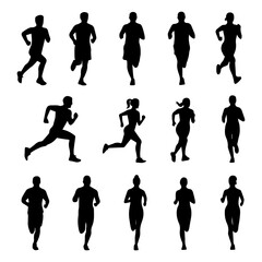 Man and woman runner silhouettes set, large pack of vector silhouette design, isolated white background