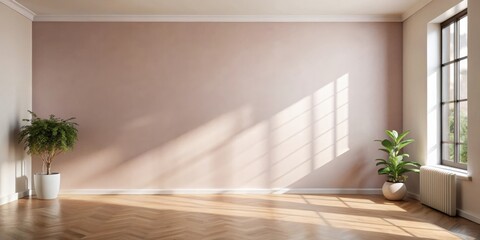 Minimalist interior design featuring a pale pink wall with soft light filtering through a large window, casting warm shadows on the herringbone wooden floor and two potted plants