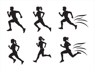 Man and woman runner silhouettes set, large pack of vector silhouette design, isolated white background