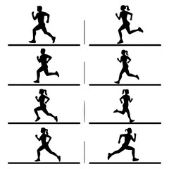 Man and woman runner silhouettes set, large pack of vector silhouette design, isolated white background