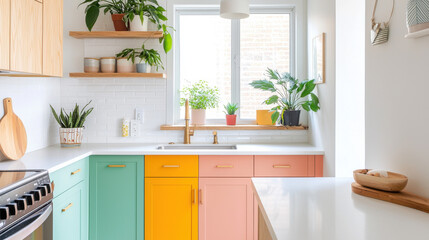 Bright and colorful kitchen design with plants and modern cabinetry.