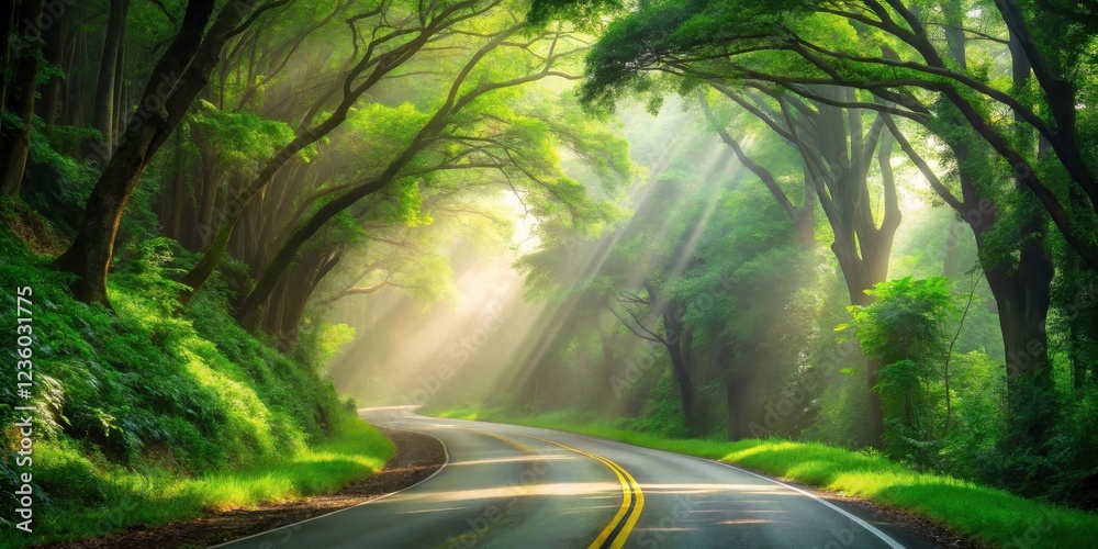 Poster A winding road through a dense forest with sunlight filtering through the trees, creating a magical and ethereal atmosphere