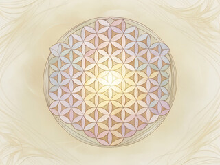 The image shows the Flower of Life, a symbol of sacred geometry.