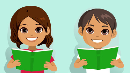 Vector illustration of young elementary student boy and girl holding a Book. Cute pupil friends holding textbooks smiling together
