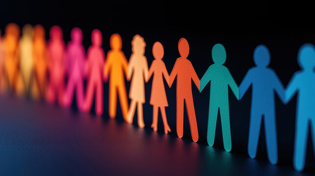Colorful paper figures holding hands symbolizing unity and diversity in a modern society.