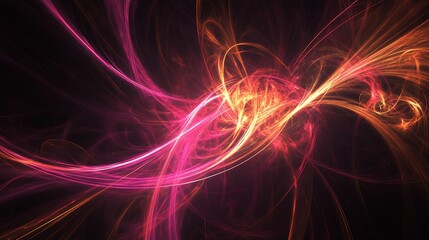 Abstract fractal art with glowing pink and orange light trails against dark background