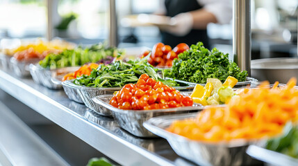 Obraz premium Fresh, vibrant salad ingredients displayed in stainless steel trays for healthy meals.