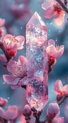 Fototapeta premium A mystical background with crystals, jewels, and sparkling pastel elements, adorned with flowers and light for an enchanting atmosphere