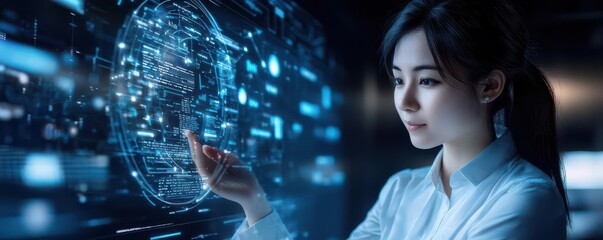 A woman interacts with digital data on a futuristic interface.
