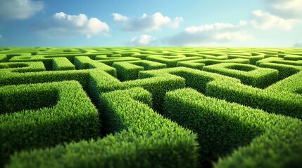 Lush green hedge maze under a cloudy sky.  Possible use stock photo for puzzles, problem-solving, adventure, or nature