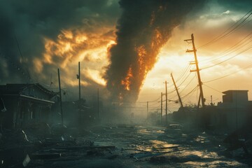 Obraz premium A striking collage of extreme weather events illustrating climate change impacts, featuring cyclones, twisters, and heat waves to raise awareness of environmental challenges ahead