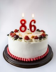 Decorated white cake for birthday or anniversary party, candle number 86, white background
