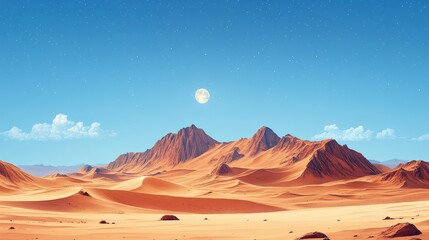 Fototapeta premium Step into a World of Contrasts with Majestic Mountains and Serene Desert Under a Clear Sky and Glowing Moonlight