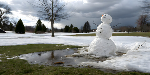 Snowman melting in a park during spring with cloudy sky