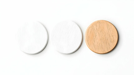 Three round wooden coasters on white.  Lifestyle product mock-up