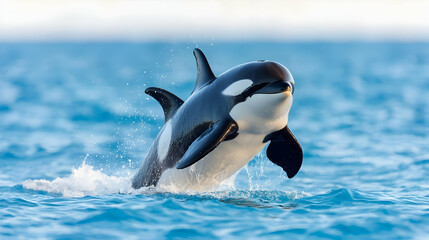 Fototapeta premium Young killer whale breaching out of the blue ocean water during a sunny day.