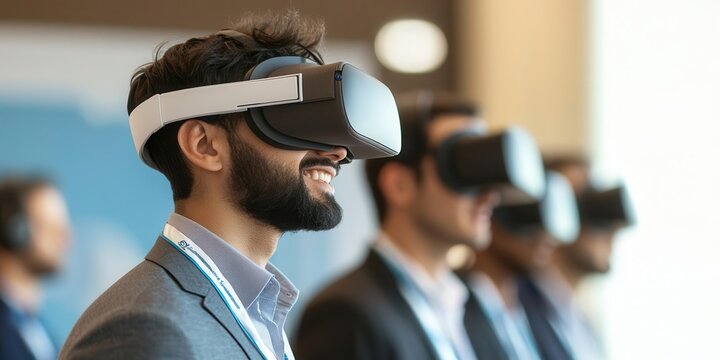 Group of professionals engaged in virtual reality experience.