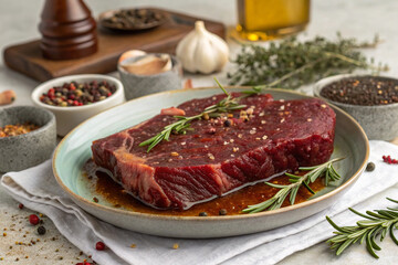 Beef marinated in sauce and spices, ingredients for making steak