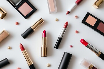 Artistic concept image of beauty products and lipstick swatches set against a white backdrop