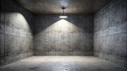 Obraz premium A solitary light fixture casts a spotlight on a bare concrete room, highlighting the rough texture of the walls and the emptiness of the space.