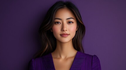 Fototapeta premium Woman in purple dress, confident portrait against deep purple backdrop. Potential use professional, corporate image