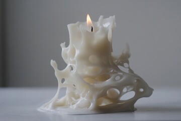 Elegant white wax candle softly melting on a minimalist background for serene home decor and relaxation themes