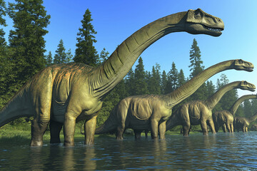 Obraz premium Prehistoric Giants: A Herd of Sauropods by a Tranquil Lake