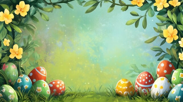Easter background with Easter eggs and flowers, bright colors, place to copy text