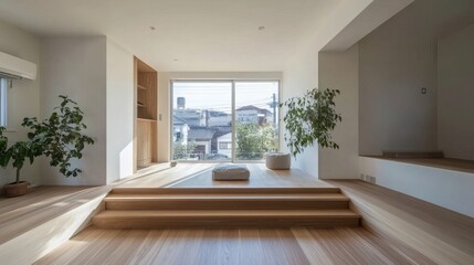 Obraz premium Serene Minimalist Japanese-Style Living Room with Sunlit Floor-to-Ceiling Window and Elevated